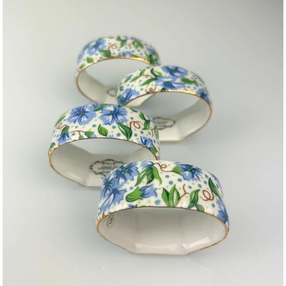 Two's Company Ainsley Chintz Blue Floral Ceramic Porcelain Napkin Rings Set of 4 - Picture 12 of 14